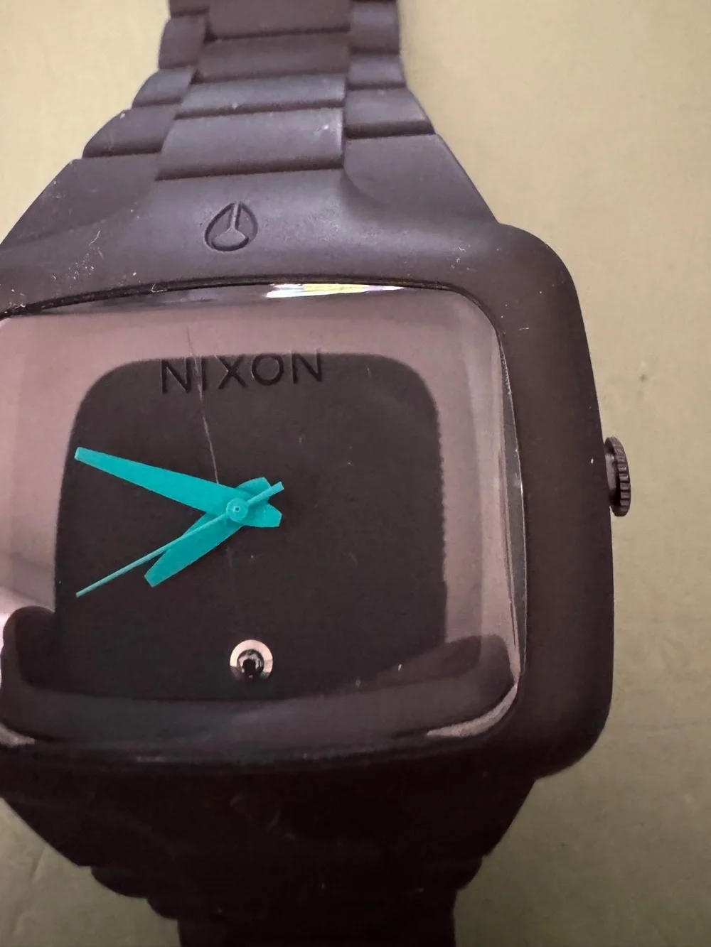 Nixon Rubber Player “Yes It’s Real”Black 100 M Square Watch Teal Hands